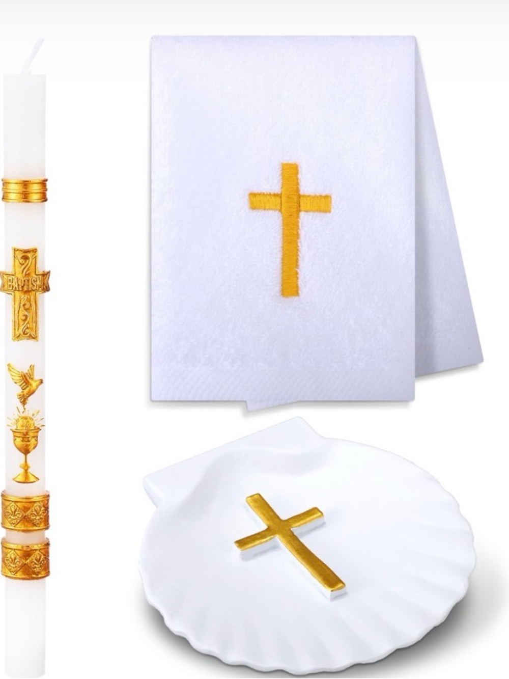 White Baptism Set with Gold Cross Accent